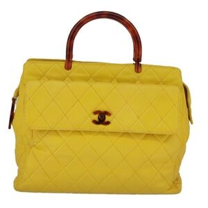 CHANEL Matelasse Hand Bag Lamb Skin Yellow